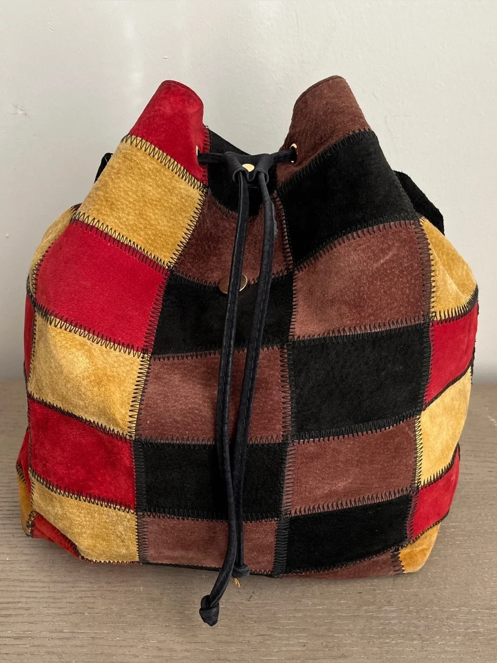 Vintage Barneys New York Made in Italy Suede Patchwork Drawstring Backpack Bag